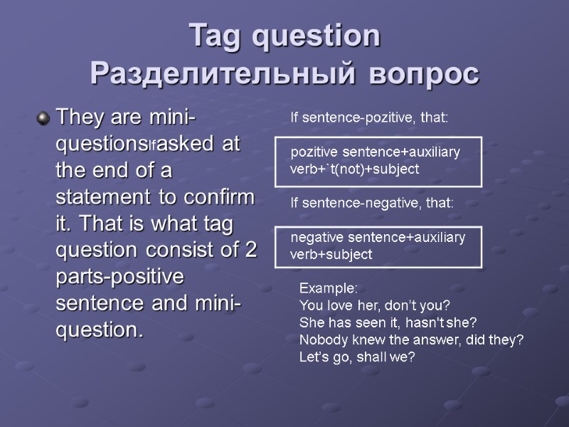 Tag question Разделительный вопрос They are mini-questions asked at the end of a statement